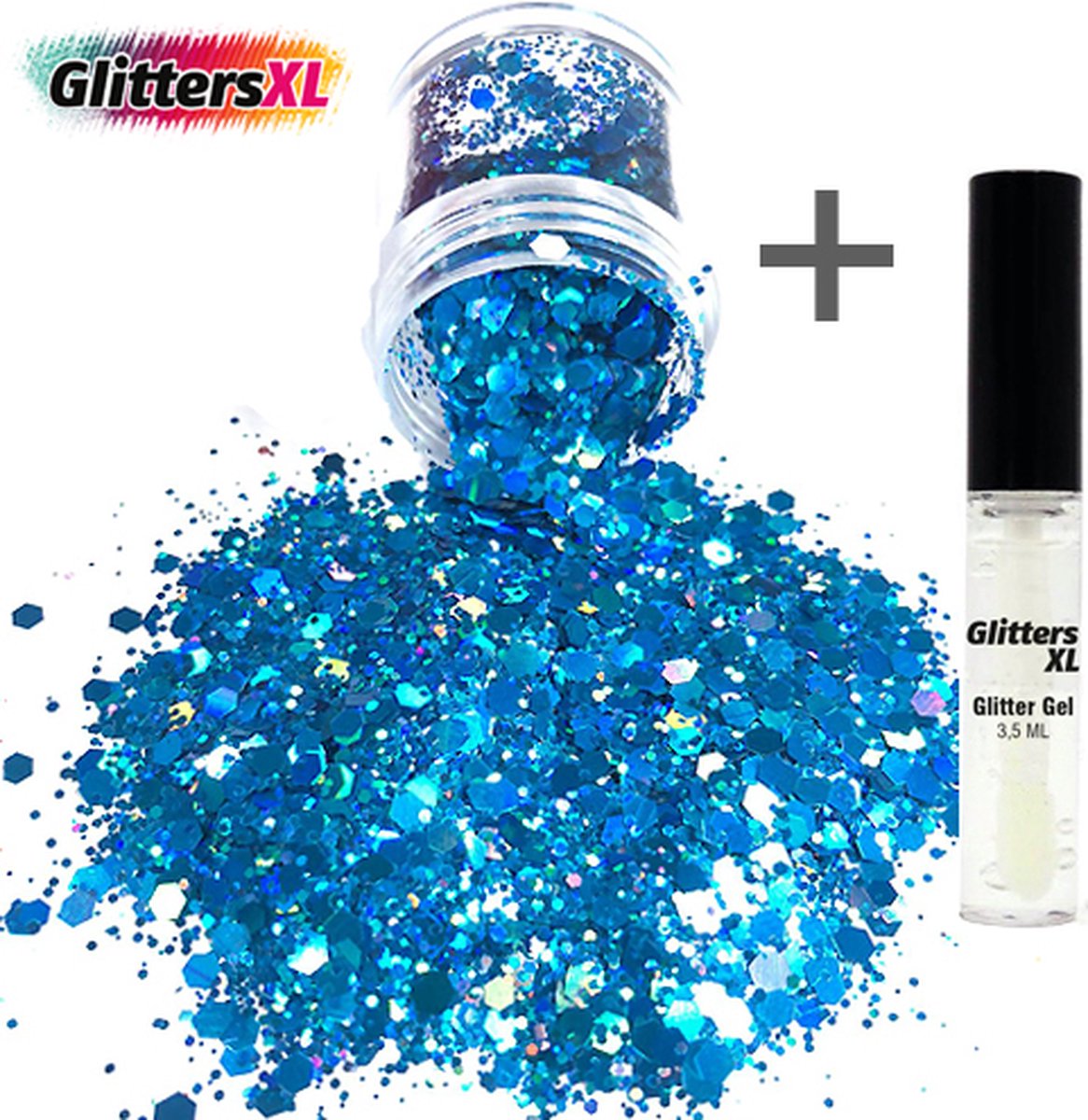 GlittersXL - Chunky Glitters (Blauw) (Volume 8g) + Glitter Huid Lijm [Festival Makeup Gezicht Lichaam - Face Body Glitter - Biologisch afbreekbaar - Versiering Dames Volwassen Kinderen]